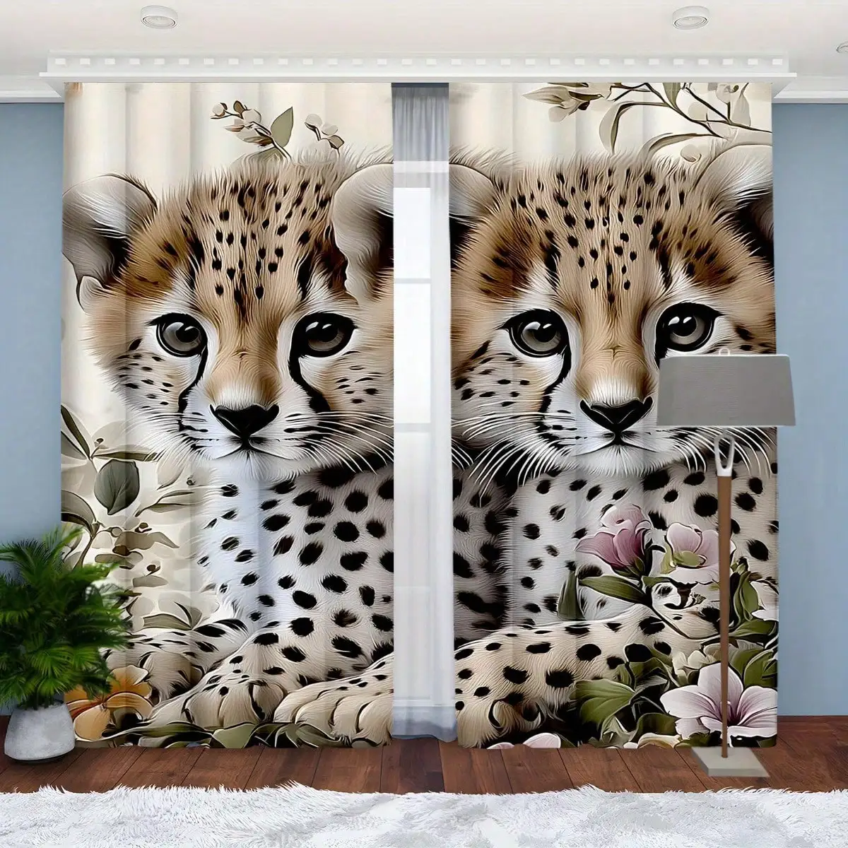 2pcs Leopard Cub Print Rod Pocket Curtains - Stylish Light Blocking Window Treatment With Vibrant Floral Design For  Bedroom