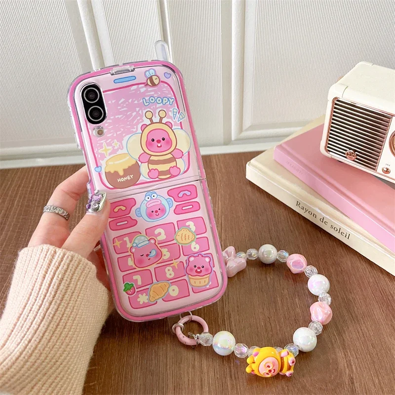 Korean 3D Cute Cartoon Sanrio beaver Loopy Phone Case For Samsung Galaxy Z Flip 6 5 Soft TPU Cover For Z Flip 3 4 With Lanyard