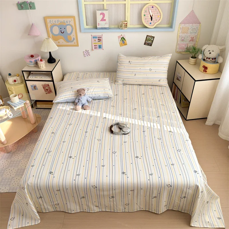 Grade A High Density Soft Flat Bed Sheet Simple Cute Doodle Print Bed Sheets Breathable Skin-Friendly Machine Washable Bedsheet