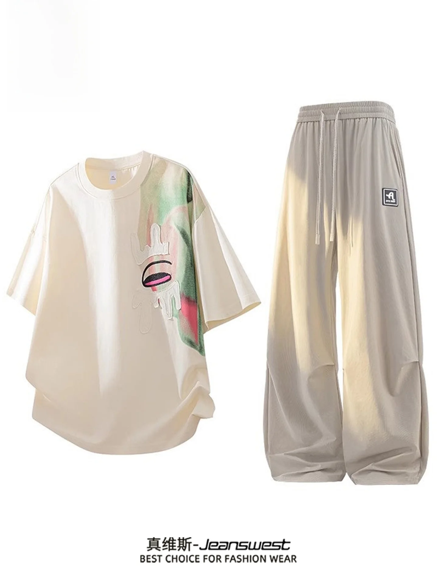 Conjunto de Camiseta Casual Esportiva de Manga Curta e Calças Longas Jeanswest para Homens, Coleção de Verão Estilosa em Fibr...