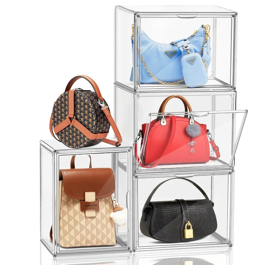 

4PCS Purse Organizer for Closet XLarge Acrylic Handbag Display Clear Stackable Shoe Boxes with Lids Storage Box