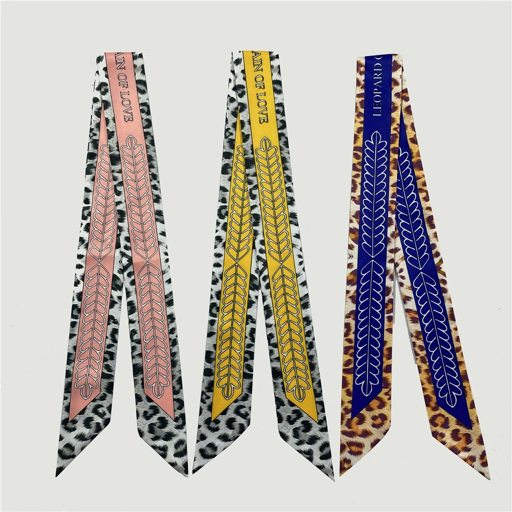 2024 Brand Design Leopard Print Skinny Scarf Women Luxury Brand Hair Bag Scarves Summer Leaf Neckerchief Silk Scarf For Ladies