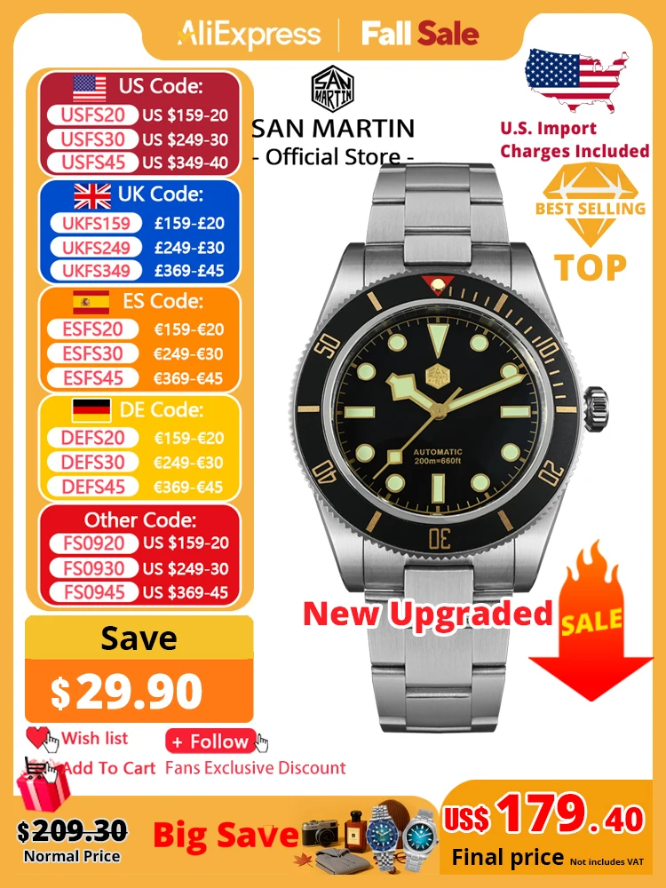 

San Martin New 40mm BB58 Retro Luxury Diver Watch NH35 Automatic Mechanical Watches For Men Sapphire Luminous 20Bar Reloj SN0008