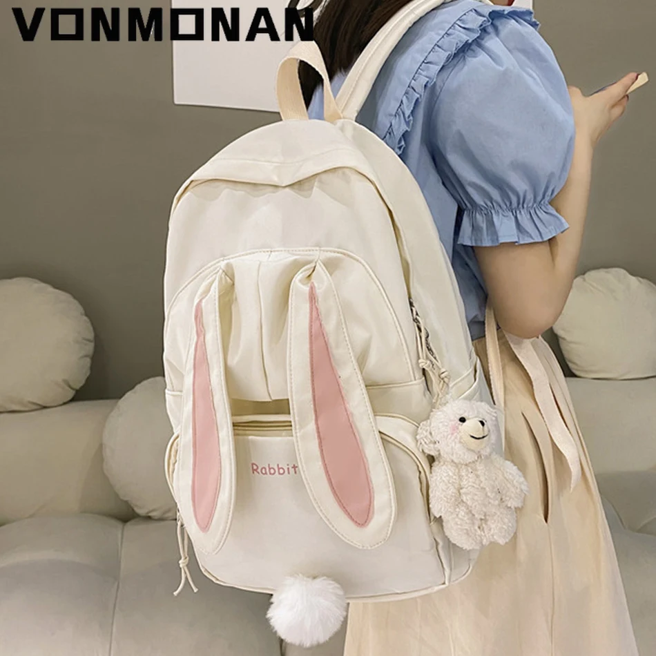 Women Cute Backpack Purses Designer Nylon Waterproof Schoolbag for Teen Girls Large Capacity Rucksack Cartoon Rabbit Mochila