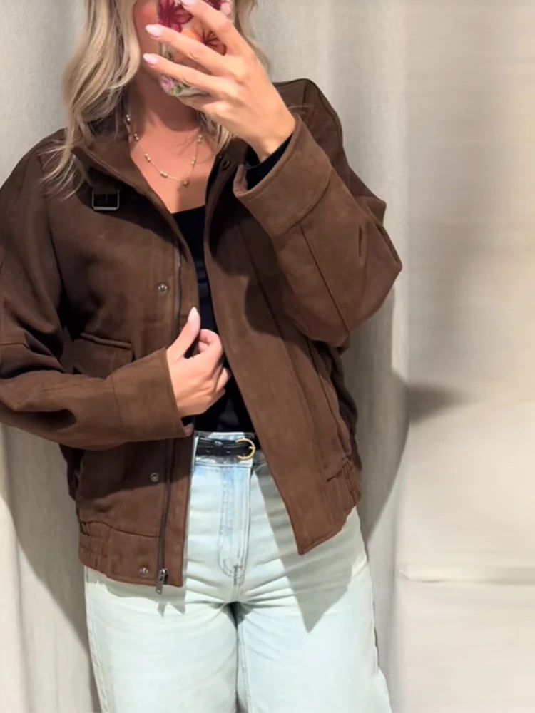 

Женская винтажная шикарная куртка из искусственной замши, пальто, свободный воротник-стойка, укороченная коричневая осенне-зимняя полусезонная верхняя одежда, женская одежда