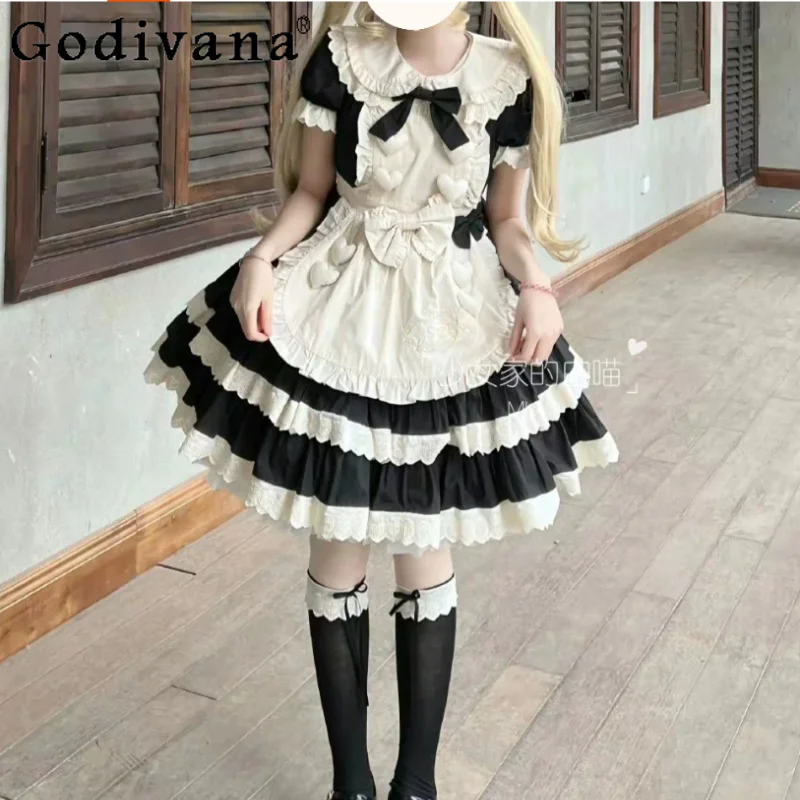 

Large Size Sweet Japanese Maid Cos Girl Heavy Industry Lolita Peter Pan Collar Dress Fashion Lace Short Sleeve Princess Dresses