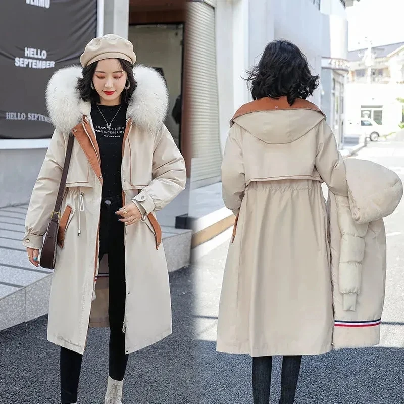 2023 New Women's Thick Warm Fur Lining Long Parkas Winter Jacket Fur Collar Hooded Coat Casual Detachable Parkas Mujer