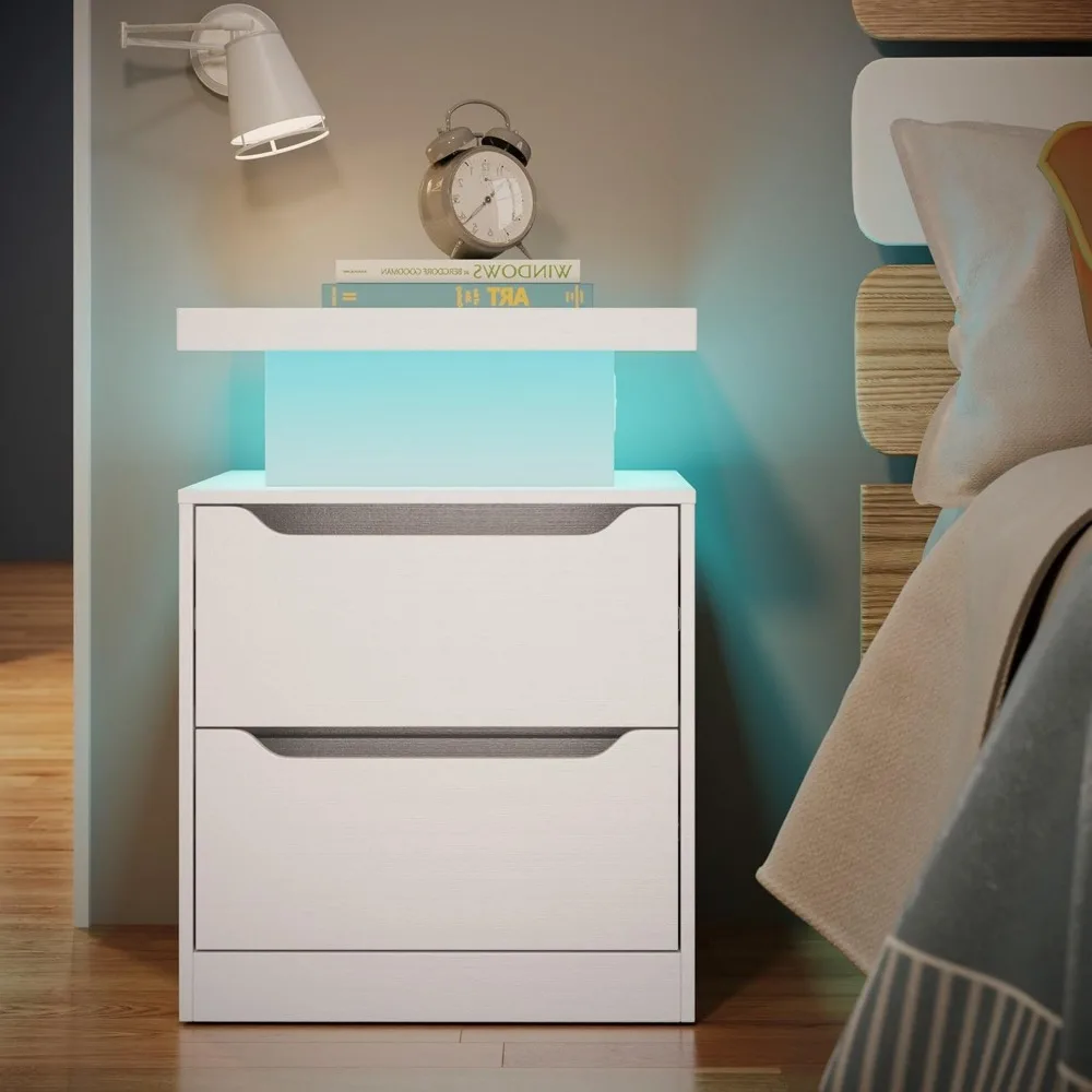 Nightstand with Charging Station, 2 Drawers, Night Stand with LED Lights, Modern Wood Bedside Table, End Side Table with Storag