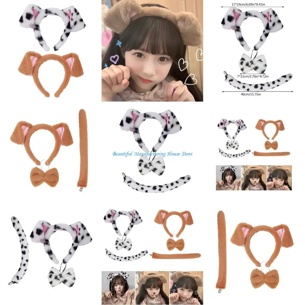 

E56A Dog Cosplay Costume Props Animal Ear Headband/Tail/Bowtie Role Play Stage Outfit