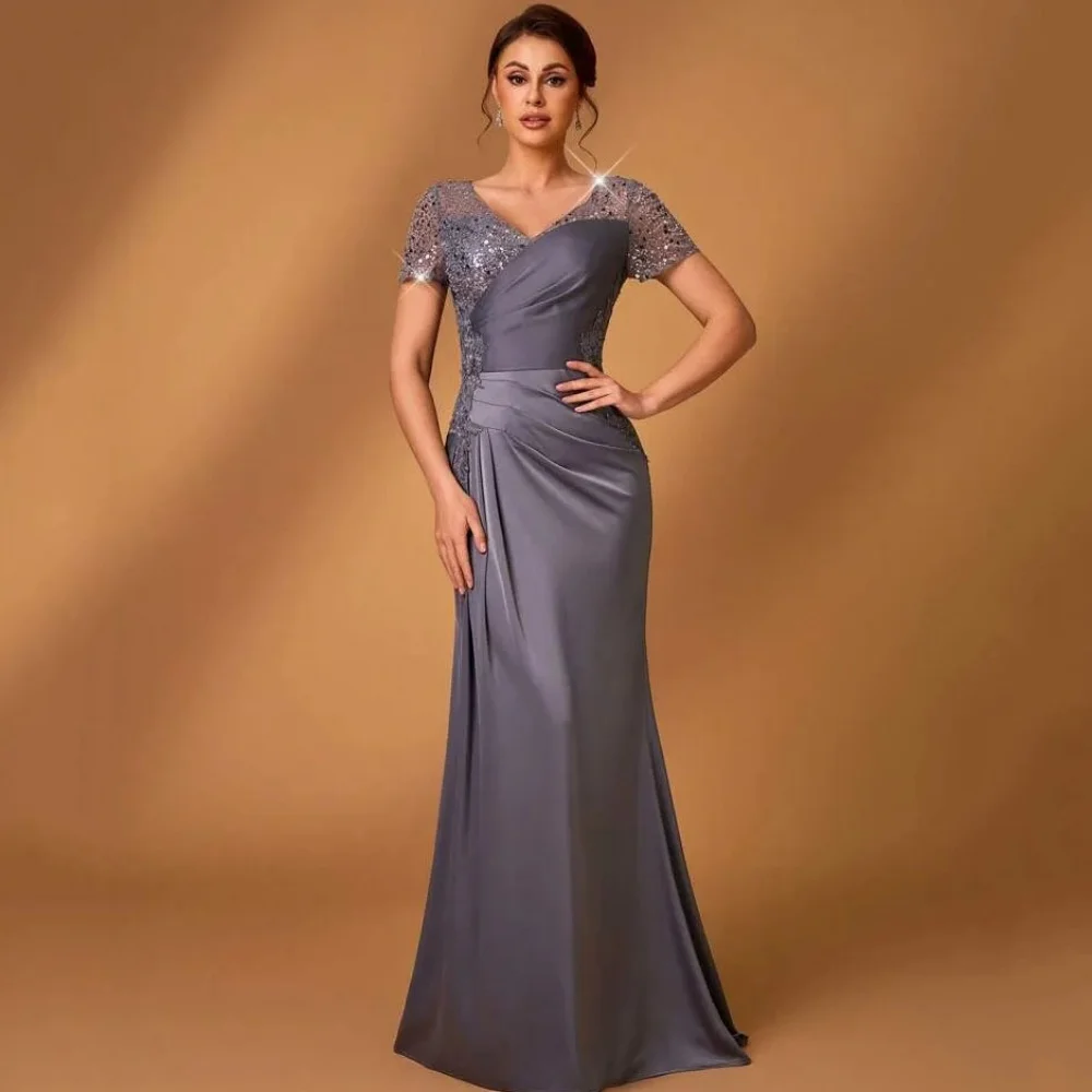 

Sequined Customized Mother Dresses Mermaid Elegant Wedding Party Dress V Neck Short Sleeve Occasion Gowns robes invitée mariage
