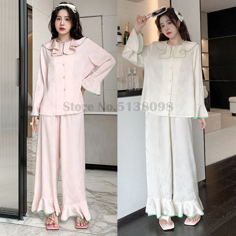 

Spring Autumn Women's Home Clothes Senior Sense Ice Silk Jacquard Ruffled Edge Long-Sleeved Trousers 2PCS Loose Casual Sleepwear