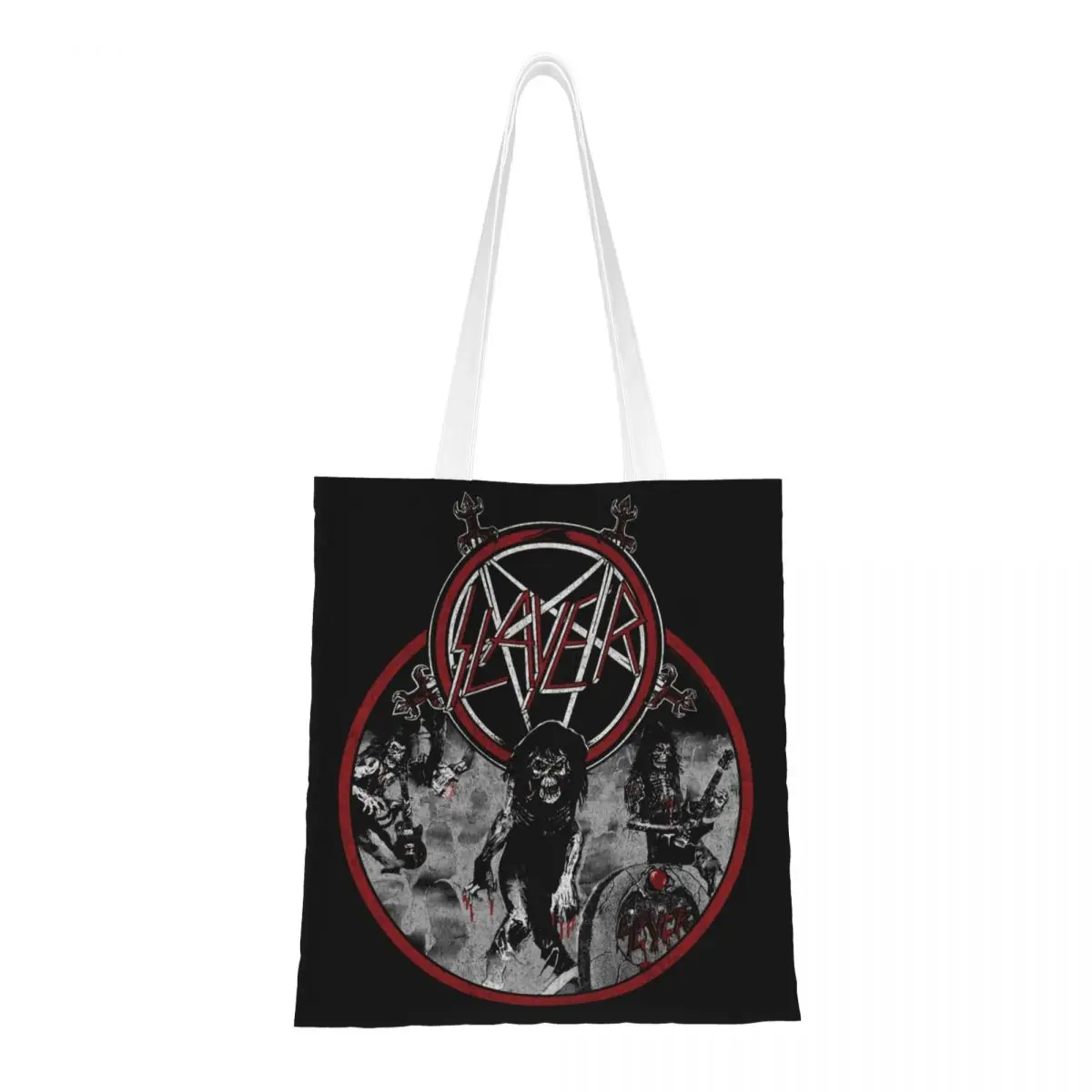 Custom Recycling Thrash Metal Band Slayers Shopping Bag Women Shoulder Canvas Tote Bag Durable Grocery Shopper Bags