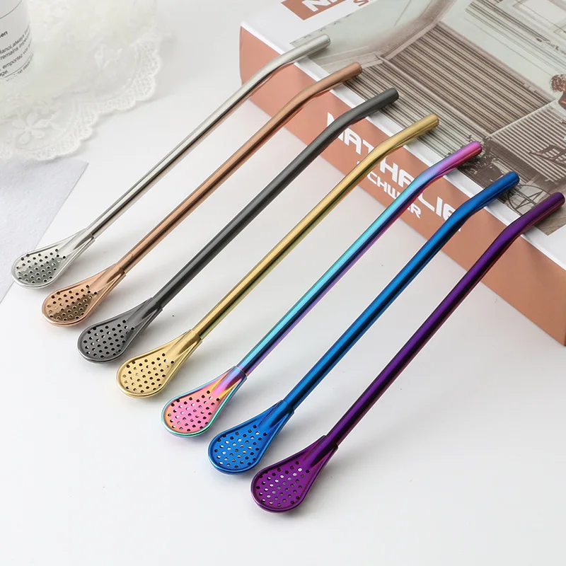 Reusable Straws Metal Stainless Steel Drinking Straw Milk Drinkware Creative Mixing Spoon Milk Tea Coffee Bar Party Accessories