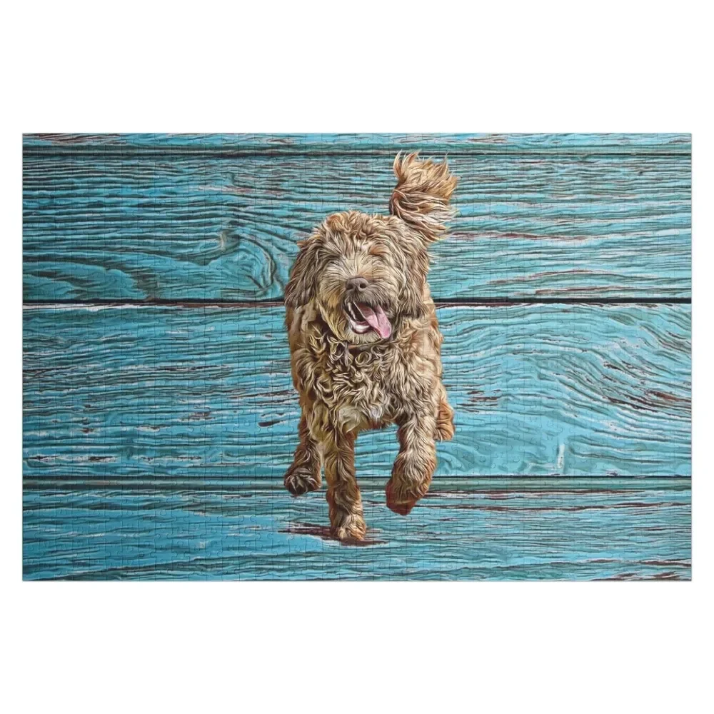 Happy Running Australian Labradoodle Dog with Vintage or Antique Turquoise Wooden Background Jigsaw Puzzle