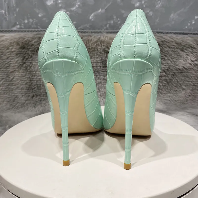 Tikicup Mint Light Green Crocodile Effect Women Sexy Pointy Toe High Heel Shoes for Party Comfortable Slip On Stiletto Pumps