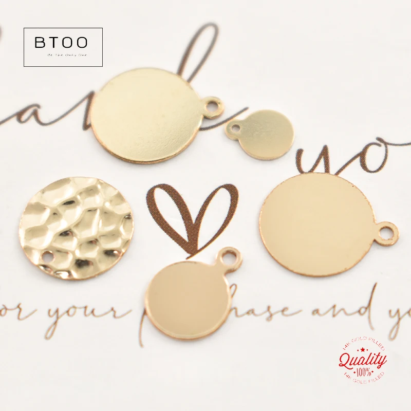 14K Gold Filled 10MM Round Disc with Hole Letter Hammer Gold Charm Jewelry for DIY Bracelet Necklace Making Jewelry Findings