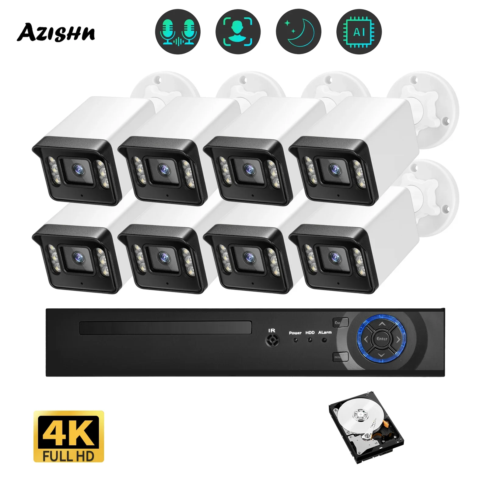 AZISHN Face Detection Color Night Vision Ultra HD 4K 8MP Security Camera System CCTV 8CH POE NVR Video Monitoring Kit