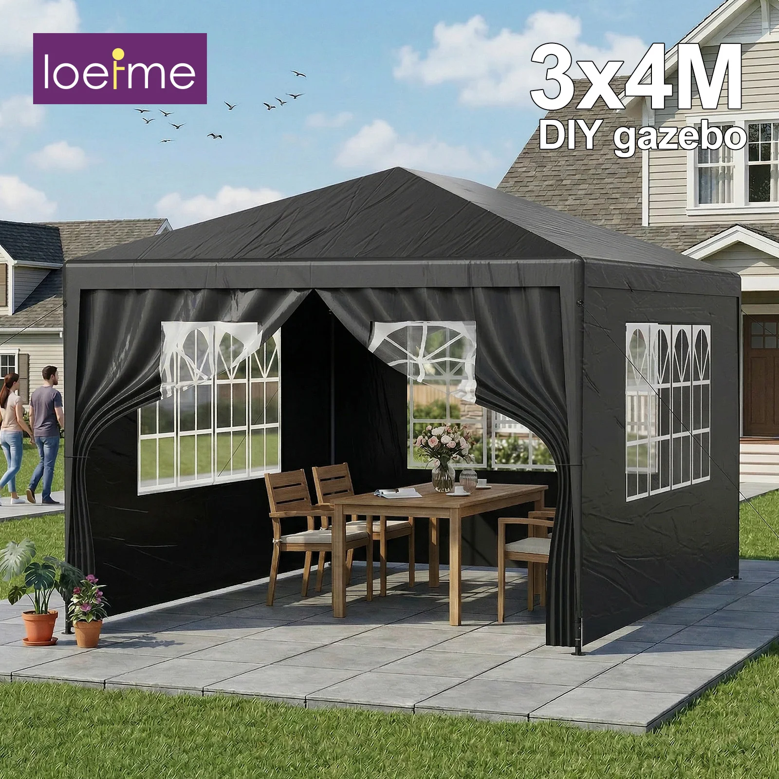 Carpa de Jardín LOEFME 3X4M, Gazebo para Exteriores, Impermeable, Resistente al Viento y a los Rayos UV, con Paredes Laterales Extraíbles, para Jardín