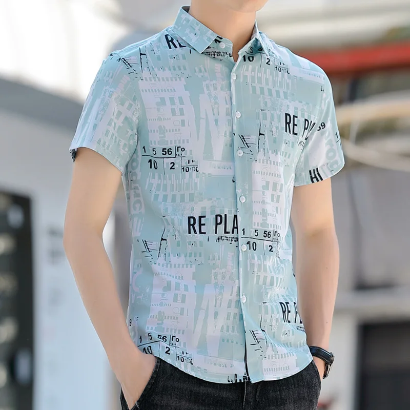 Men\'s Clothing Turn-down Collar Printing Summer Short Sleeve Button Contrast Color Cardigan Shirt Letter Casual Formal Tops