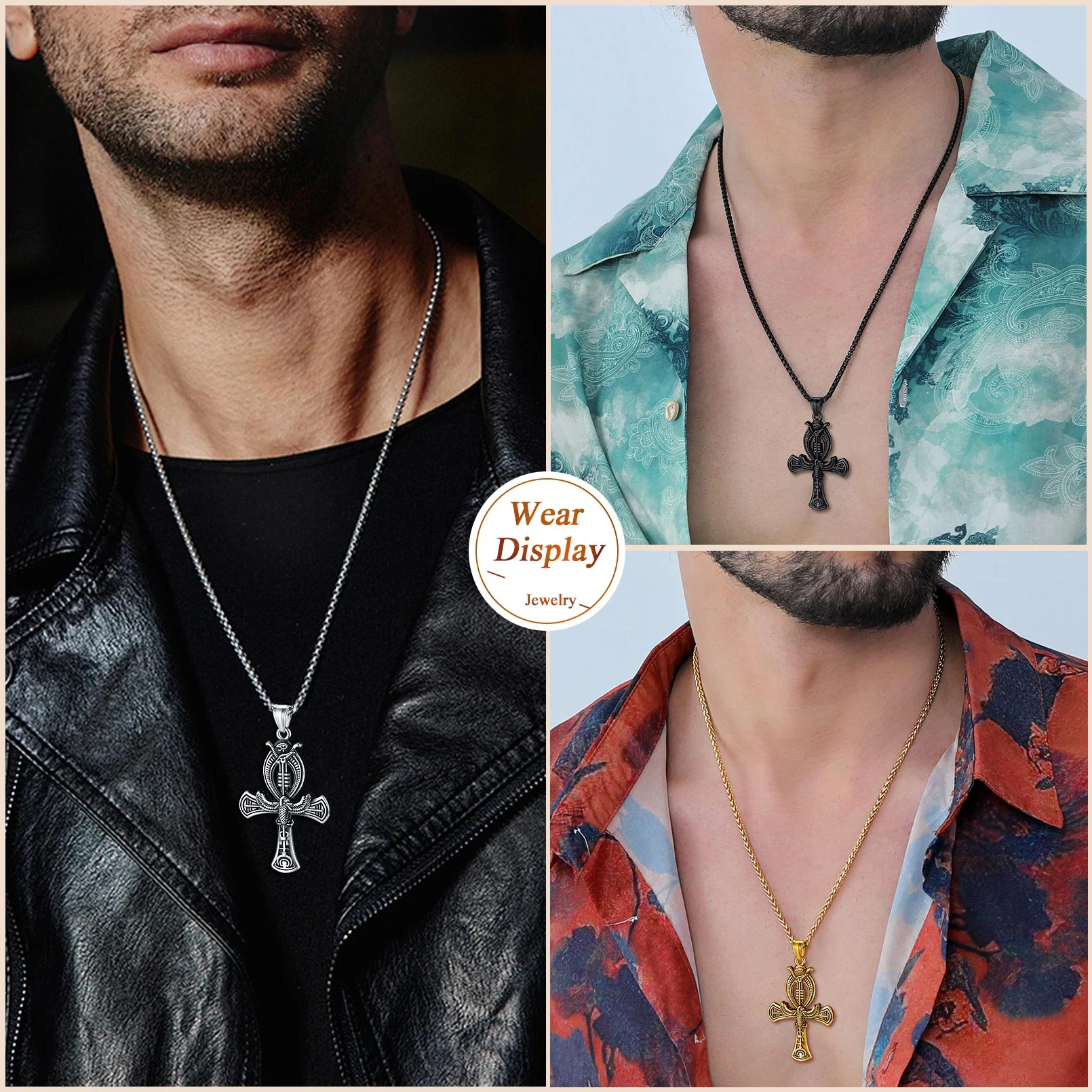 U7 Ancient Egyptian Ankh Necklaces Stainless Steel Eagle Ankh Cross Bastet Anubis Pharaoh Pendant Gothic Jewelry view 4