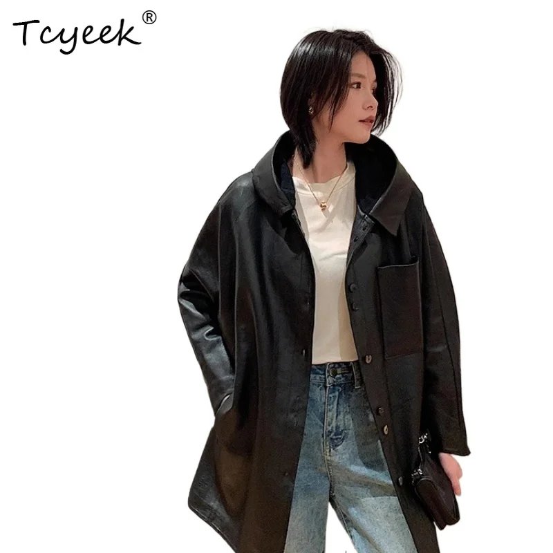 Tcyeek piel de oveja auténtica primavera otoño moda cuello cuadrado negro con capucha longitud media chaqueta de cuero genuino para mujer chaqueta Couro