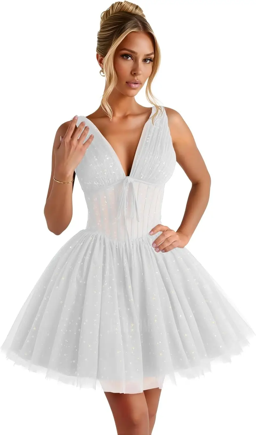 

Sparkly Starry Tulle V-Neck Homecoming Dress Short Star Moon Prom Cocktail Mini Gown for Teens above Knee Length