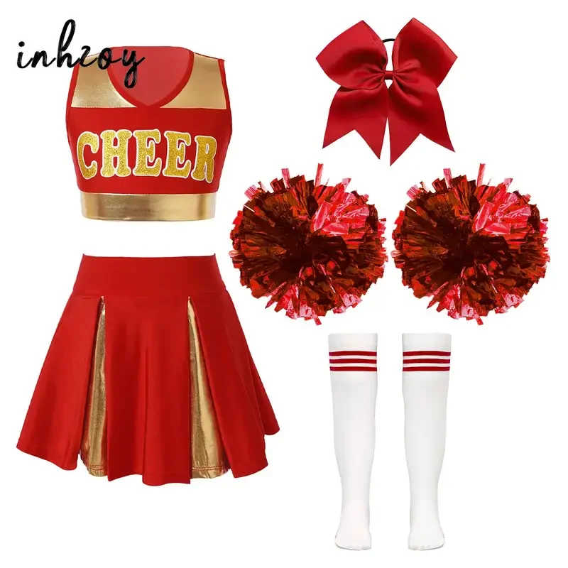 Girls Cheerleading Dance Outfits Sleeveless Crop Top Pleated Skirt Hair Tie Flowers Tube Socks Sports Meet Performance Costumes