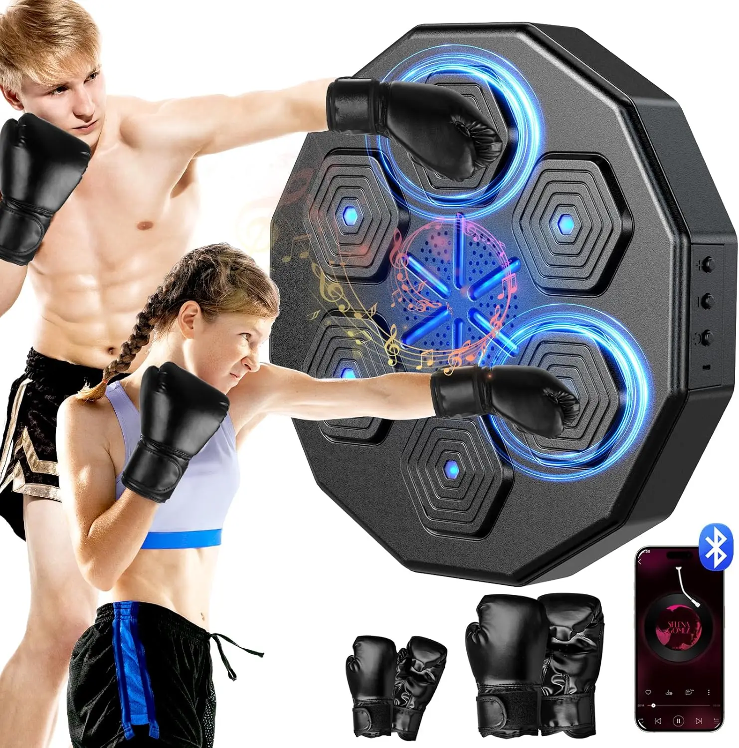 

Smart Bluetooth Music Boxing Machine with LED Lights, Wall-Mounted for Home Workout, 2 Pairs Gloves Included