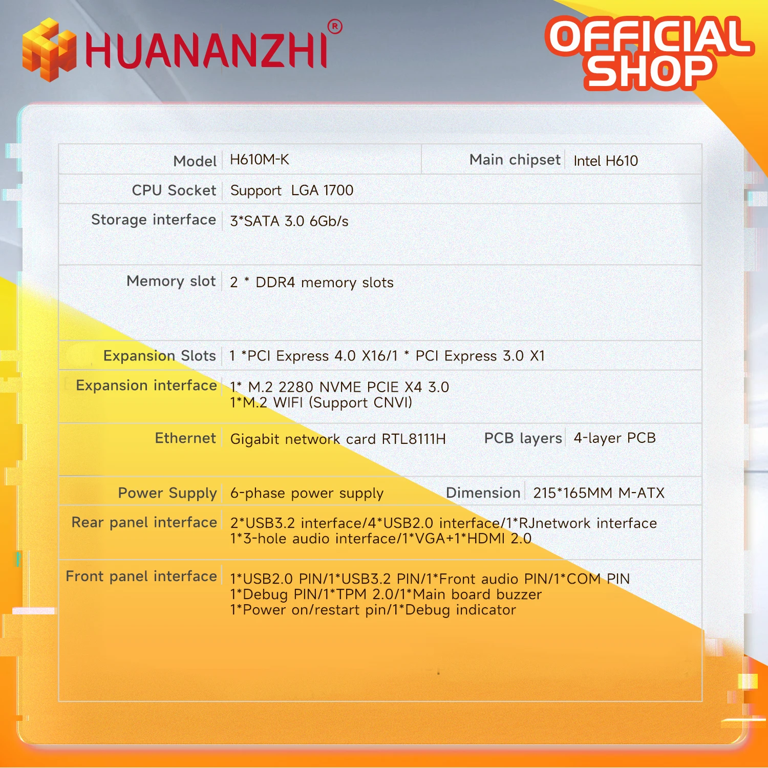 HUANANZHI H610M K MATX DDR4 Motherboard Support12 13 14 Gen H610 Intel LGA 1700 CPU 12100F 12400F 12490F 12600F 12700F 13600F
