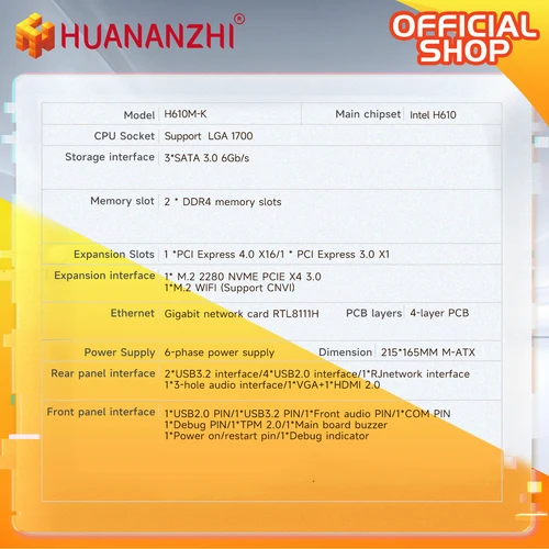 Imagen 2 del producto HUANANZHI-placa base H610M K MATX DDR4, soporte 12 13 14 Gen H610 Intel LGA 1700 CPU 12100F 12400F 12490F 12600F 12700F 13600F