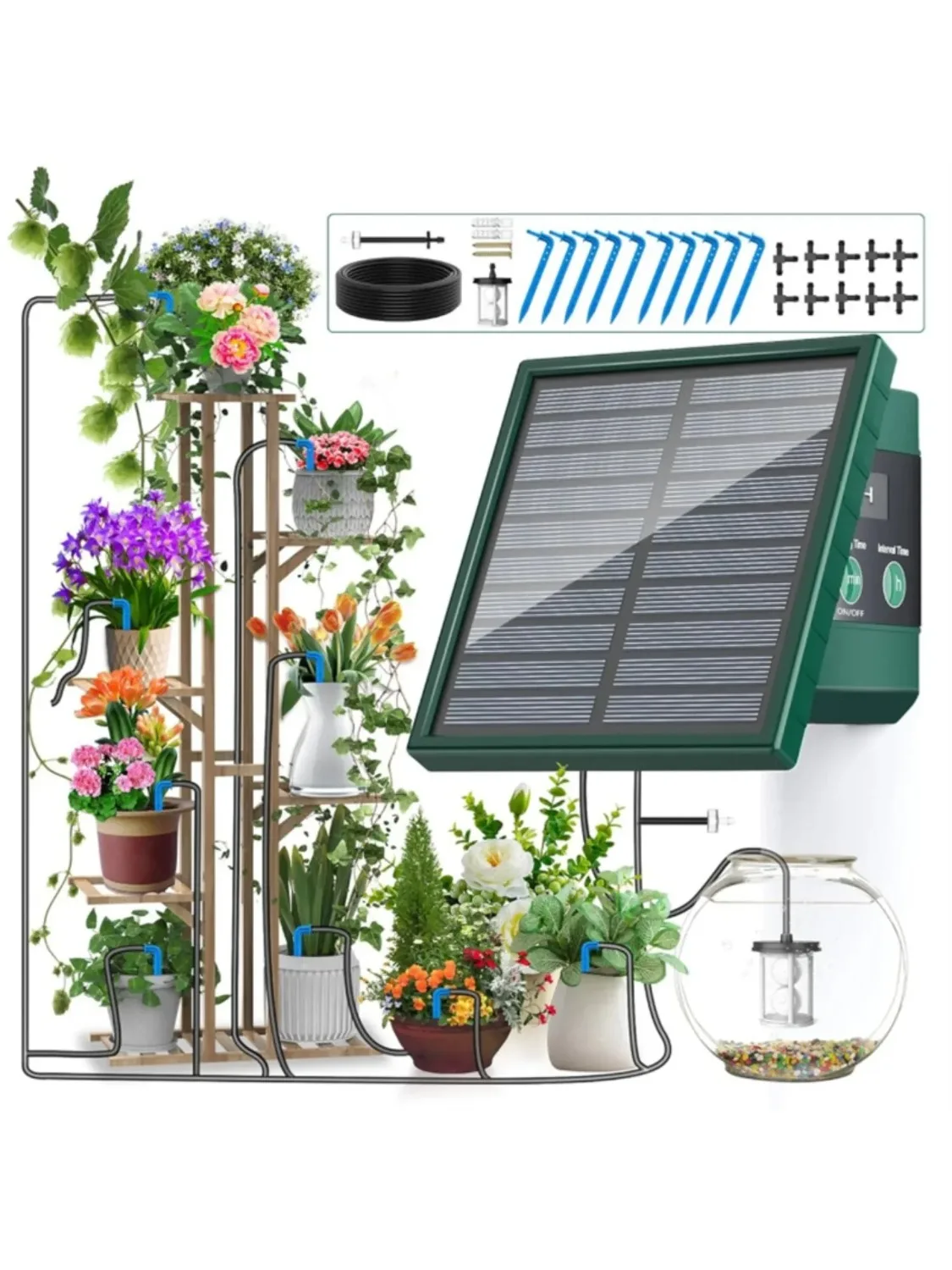 Zonne-irrigatiesysteem voor tuinbalkon Automatische druppelirrigatie DIY tuinbewateringssysteem Druppelslangirrigatie Gebruik buitenshuis - afbeelding 2
