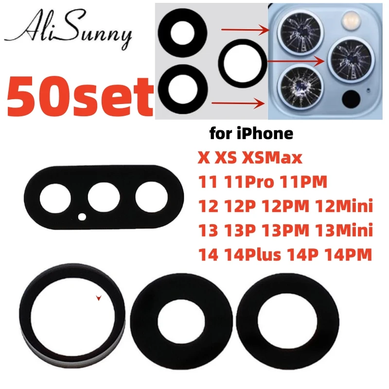 AliSunny 50set  Back Rear Camera Lens for iPhone 13 14 7 8 Plus X XS Max XR 11 12 15ProMax Cam Glass Cover Ring Parts