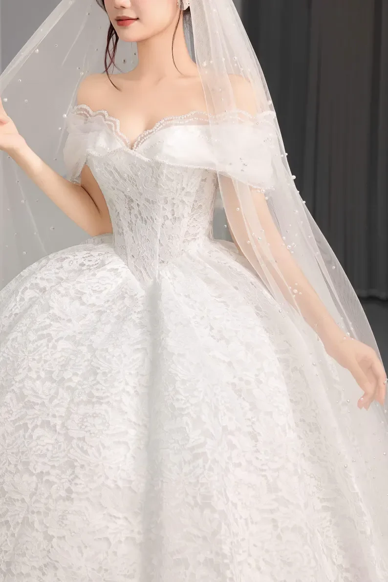 New White A-line Sexy Off Shoulder Ball Dress Wedding Dress Luxury Lace Stickers Bridal Dress Vestido De Noiva Customized view 4