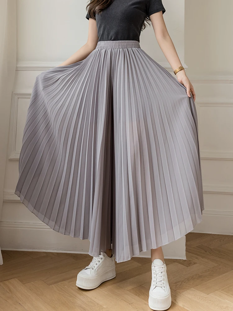 

2024 Women's Summer New Thin Chiffon Pleated Trousers Female Solid Color Casual Pant Ladies Ice Silk Wide Leg Skirt Pants W17