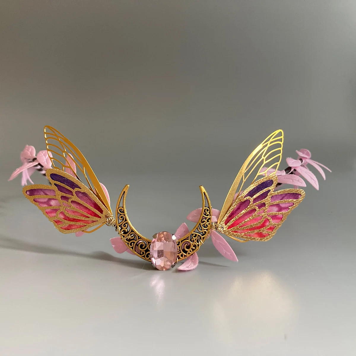 Woodland Crown Diadem Pink Butterfly Wing Tiara  Fairy Costume  Elven Festival Crown Bridal Renaissance Wedding