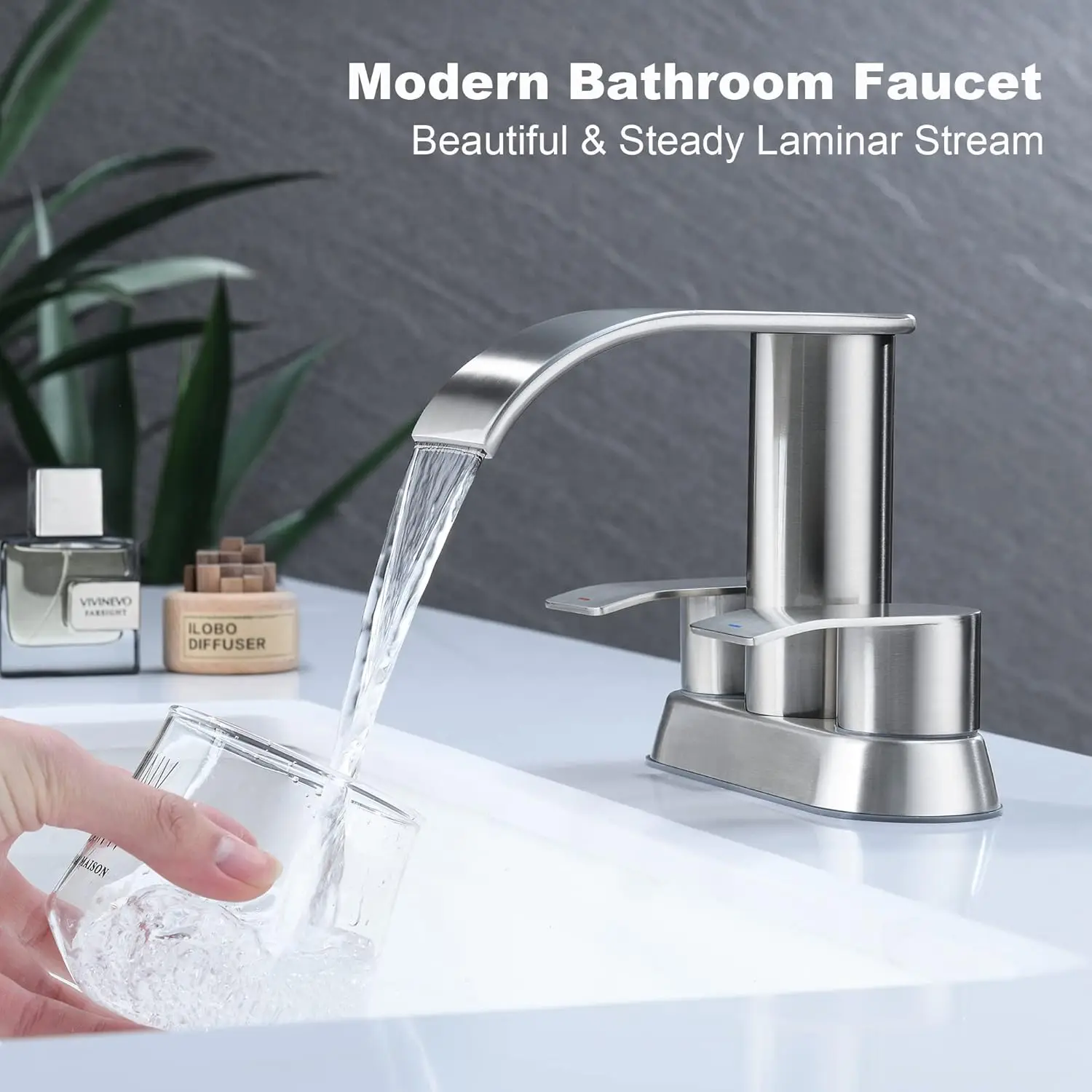 Waterfall Bathroom Sink Faucet Brushed Nickel, Two Handles Bathroom Faucet with Metal Pop up Sink Drain Stopper