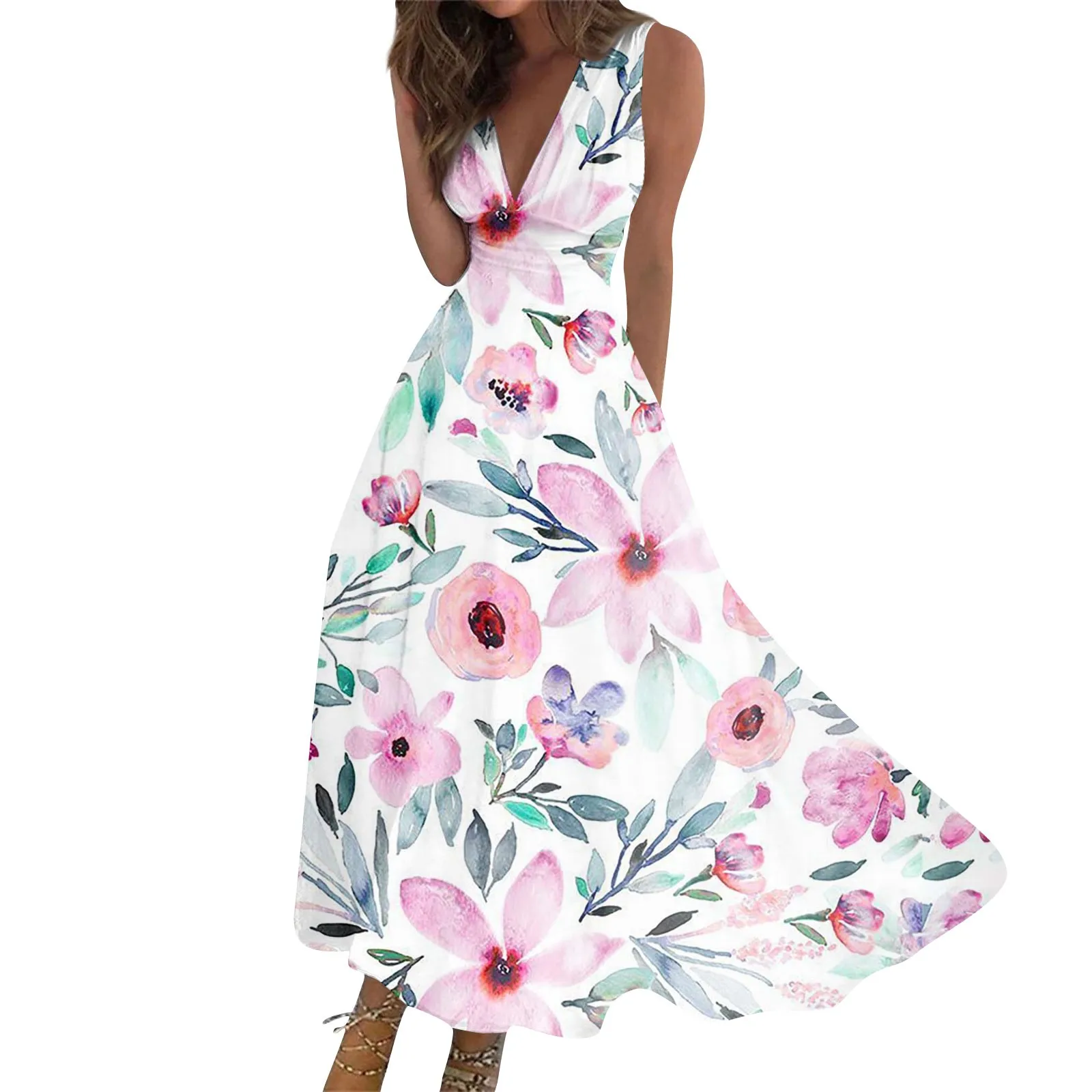 Women's Long Dress Summer Casual Sleeveless V Neck Boho Floral Print Waist Retraction Printed Dress For Womens Maxi Dress 2024