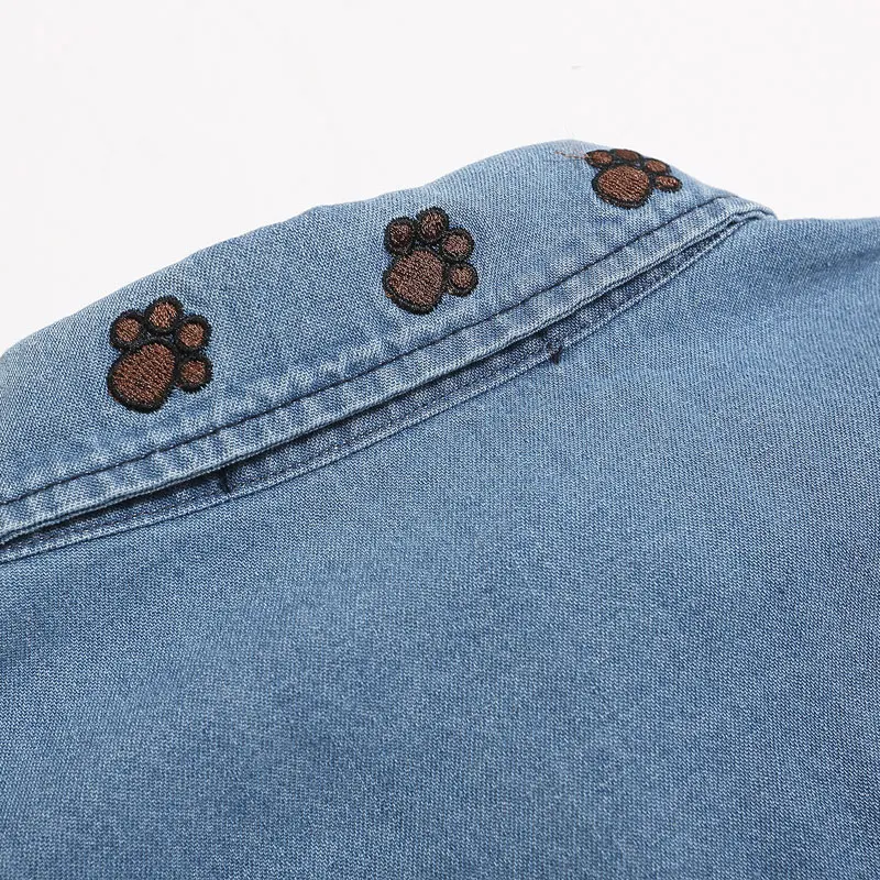 Vintage Denim Shirt Streetwear Funny Embroidered Cartoon Bear Dog Long Sleeve Shirts Men Hip Hop Casual Loose Cotton Jeans Shirt