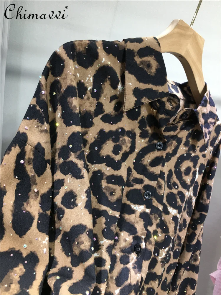 European Heavy Hot Diamond Blouse Women's Fashion Leopard Print Loose Mid-length Top Spring and Summer Versatile Sunscreen Shirt