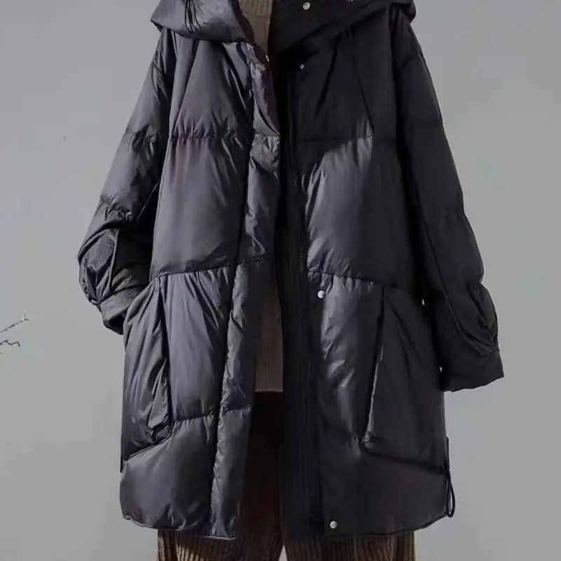 2024 New Winter Women 90% White Duck Down Jacket Casual Loose Over Size Warm Parka Female Drawstring Hooded Puffer Coat