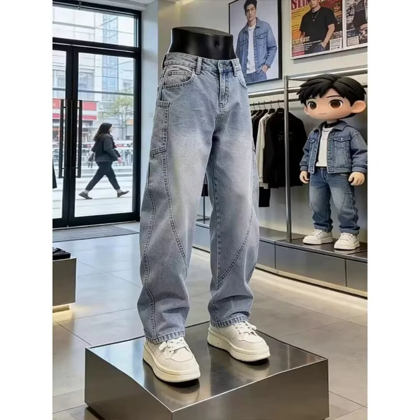 Blue Jeans Men's Loose Straight Casual Workwear Trousers Knife  Slant Cut Vintage Splicing Pocket Decorative Stitching