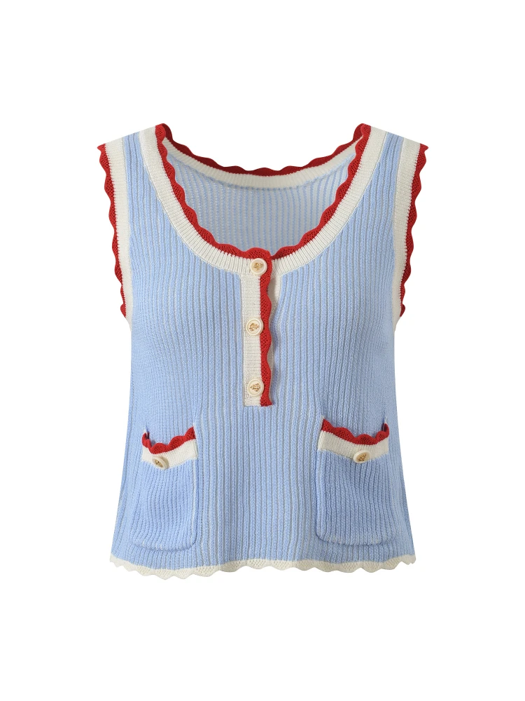 

High-End European Sle Summer Fre Color Blo round Ne Versatile ort Svel Knitted Vest Top for Younger Look