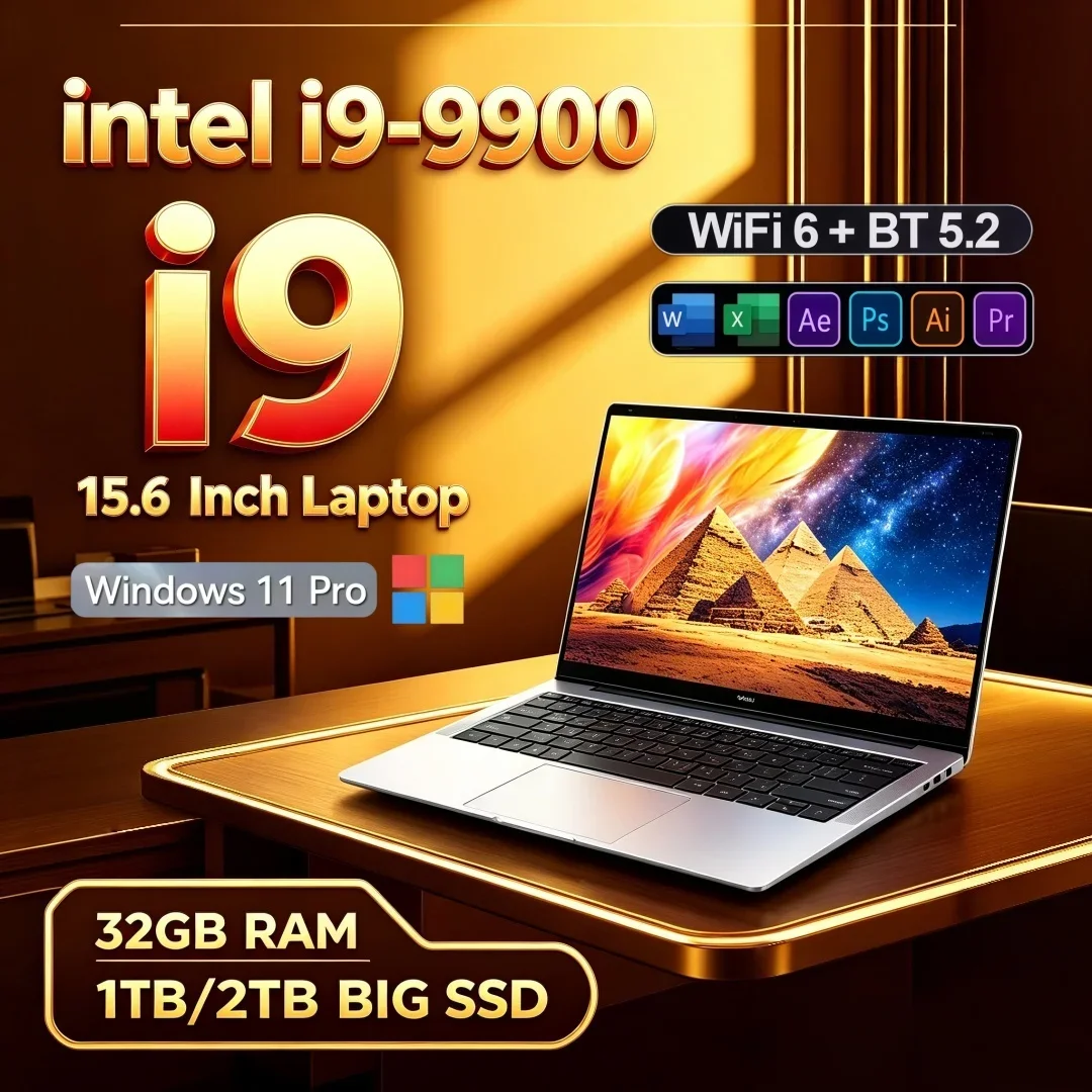 15.6 Inch Durable Ultra Slim Laptop Intel i9-9900 16/32GB RAM 1TB/2TB Big SSD Portable Windows11 Study Notebook