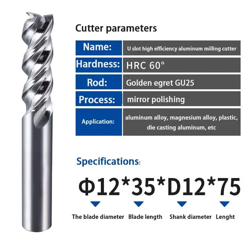 3 Flute Carbide Milling Cutter Carbide End Mill CNC Tool U-Slot Cutter HRC60 For Aluminum, Magnesium Alloy Milling Cutters