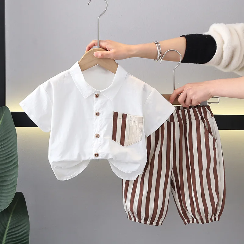 Infant Boys Daily Two Piece Clothes Set Simple White Lapel Shirt Brown Vertical Striped Elastic Cuff Casual Jogger Pants Suit