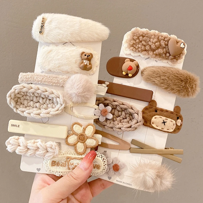 9Pcs/set Cute Plush Hair Clips Suit Bear One-word Clip Hairpin Duckbill Clip Side Clip Bangs Clip Issue Card Hair Accessories