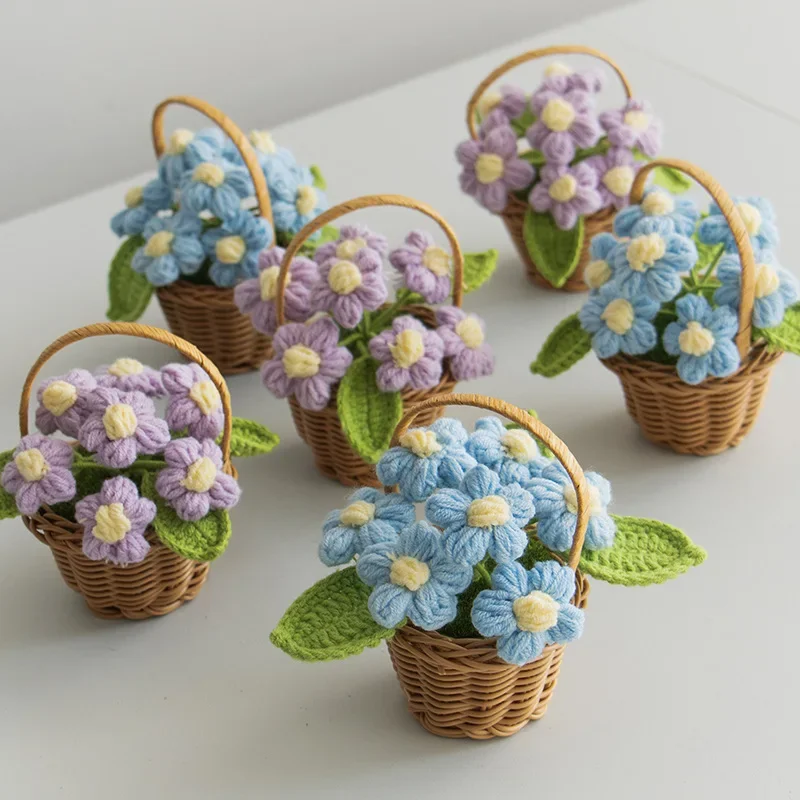 Handmade small floral blue, crocheted foam flower pots, learning desktop decoration, office home ornaments, holiday gifts