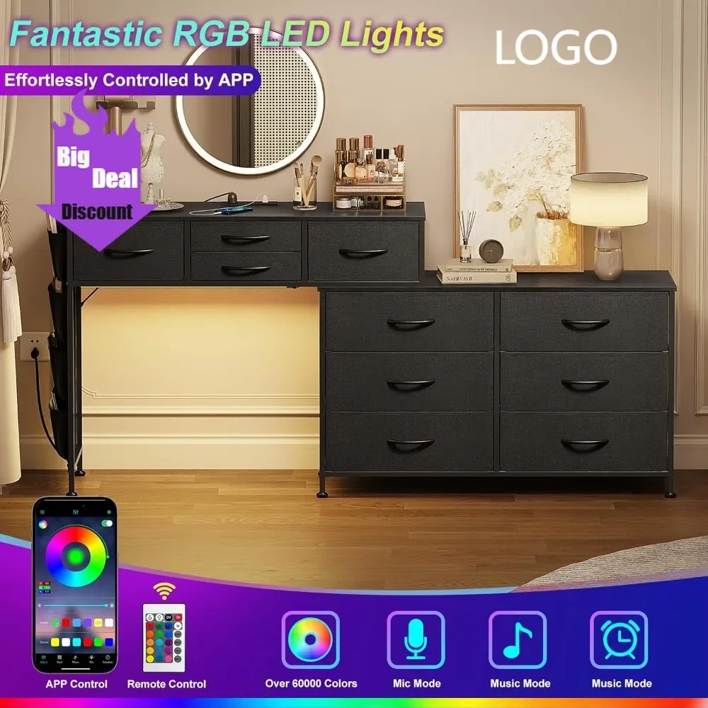 

Exquisite bedroom dresser with built-in charging station and led lighting, 67" swivel vanity desk with storage pockets, makeup t