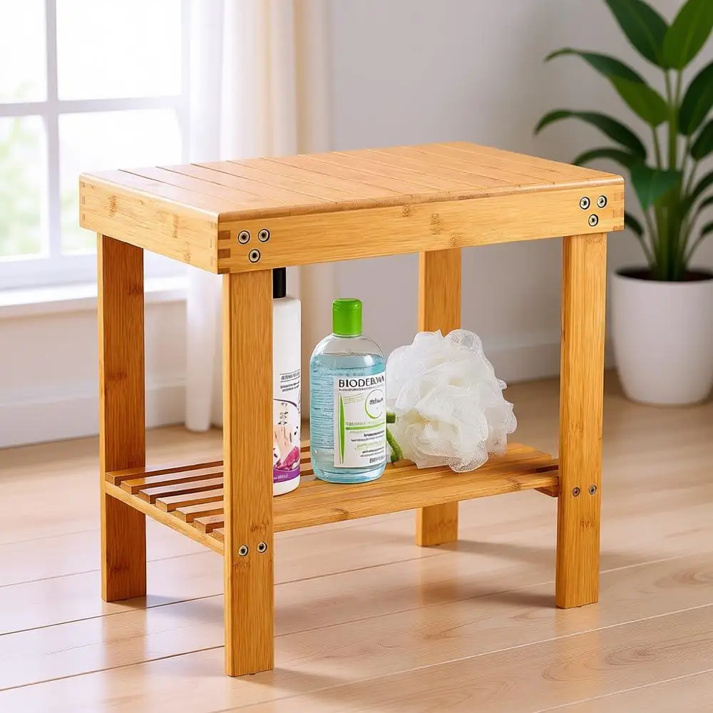 

Multi-Purpose Bamboo Shower Bench with Storage and Non-Slip Seat for Bathroom, Spa, and Home