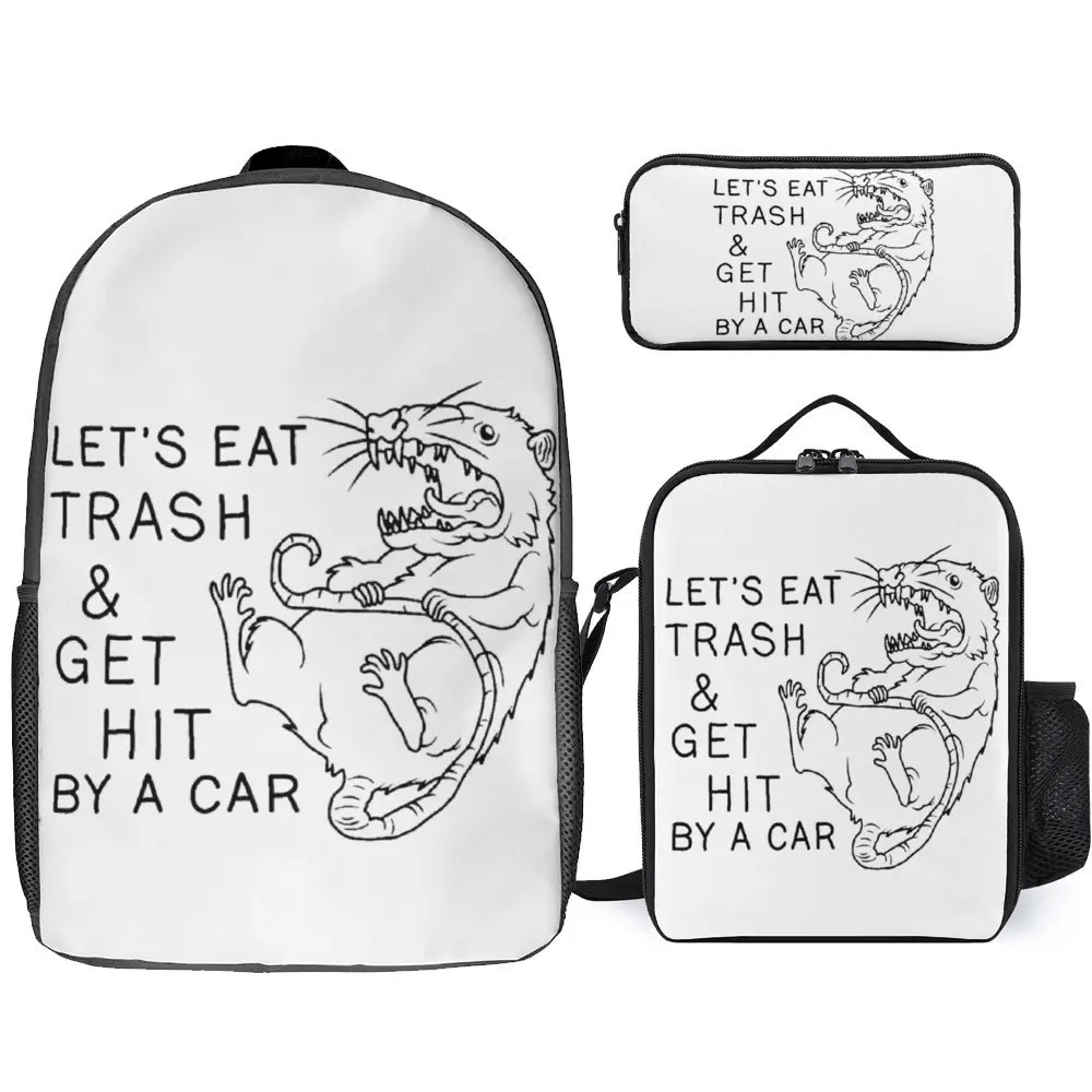 Let's Eat Trash And Get Hit by A Car 12 3 in 1 Set 17 Inch Backpack Lunch Bag Pen Bag  Lasting Lunch Tote Comfortable  Picnics V